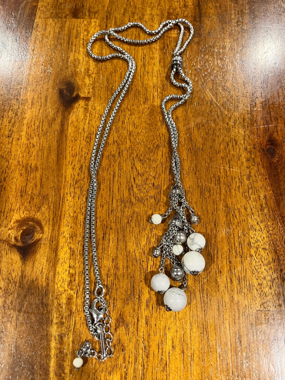 Silver-Tone Pendant Necklace with White Bead Tassel